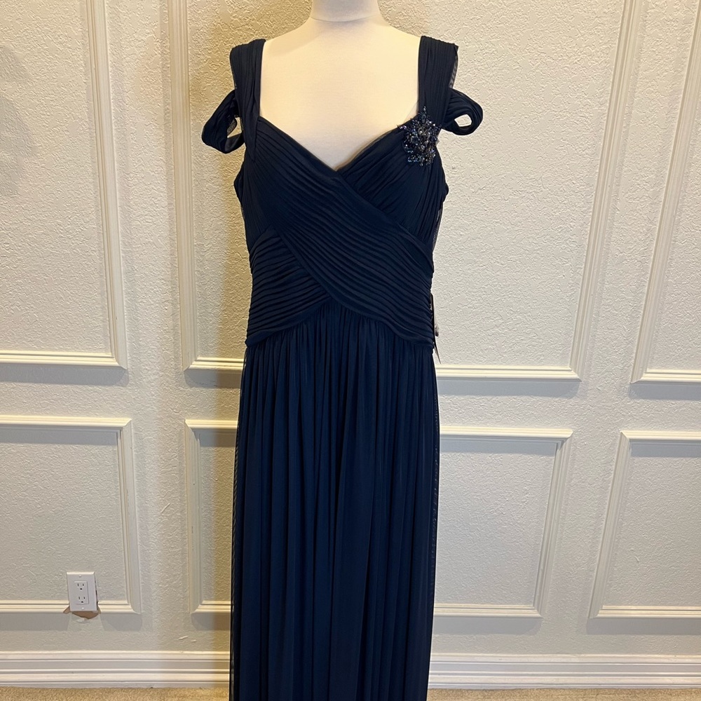 JS Collections Navy Blue Pleated Gown with Shoulder Detail